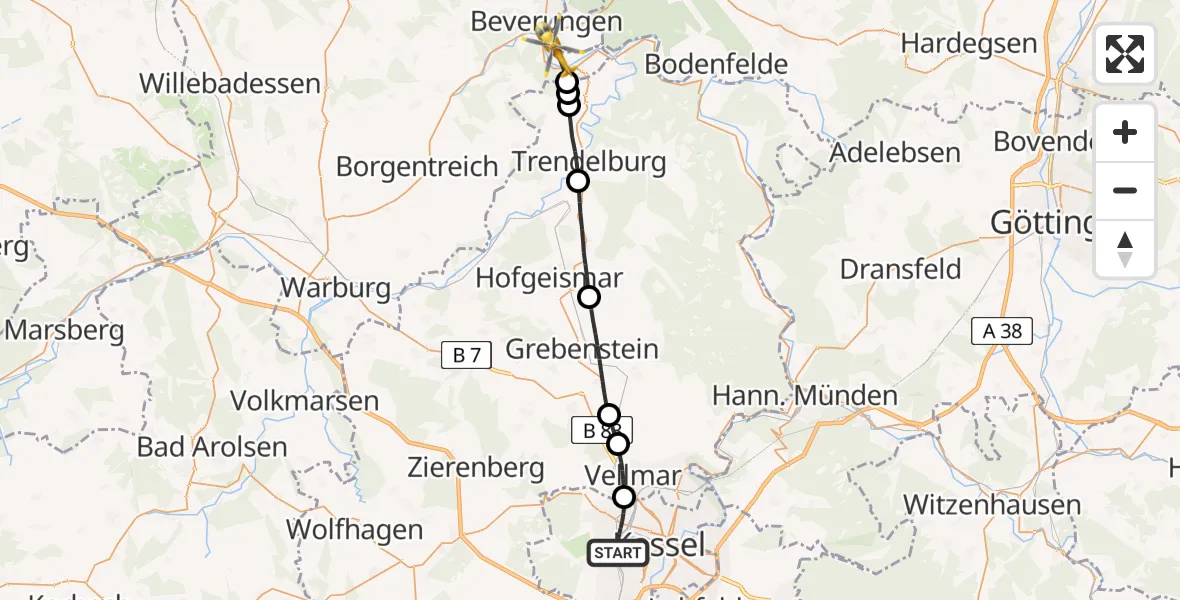 Flugroute Rettungshubschrauber Kassel - Lauenförde, 12 Juli 2026, 17:51