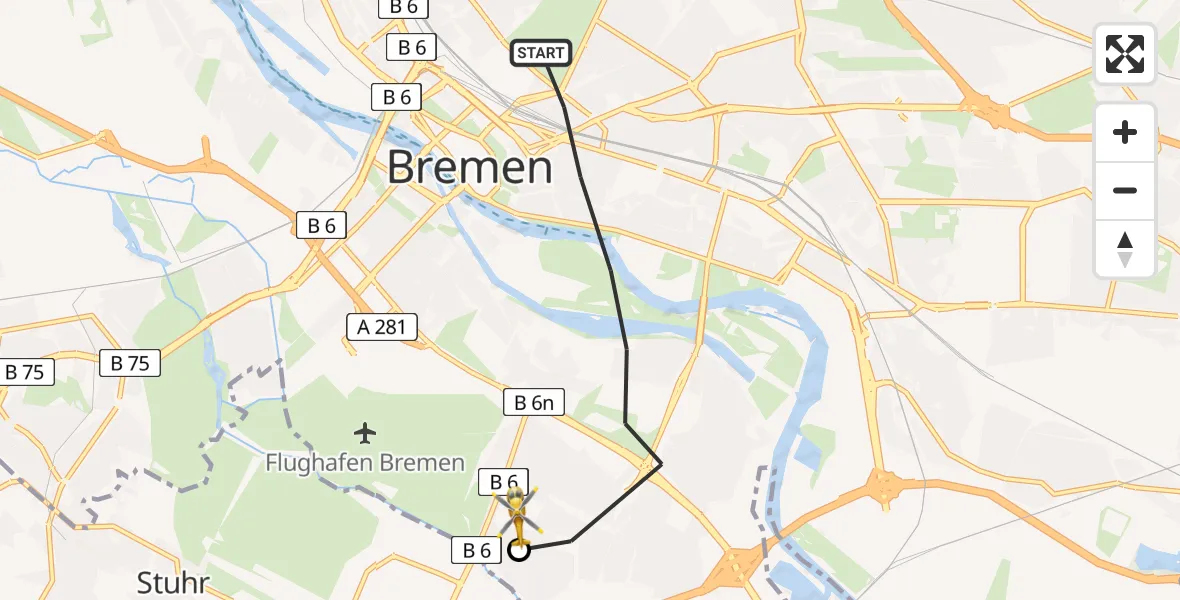 Flugroute Rettungshubschrauber Bremen - ADAC Air Rescue Station Bremen Hubschrauberlandeplatz (Christoph 6), 12 Juli 2026, 17:52