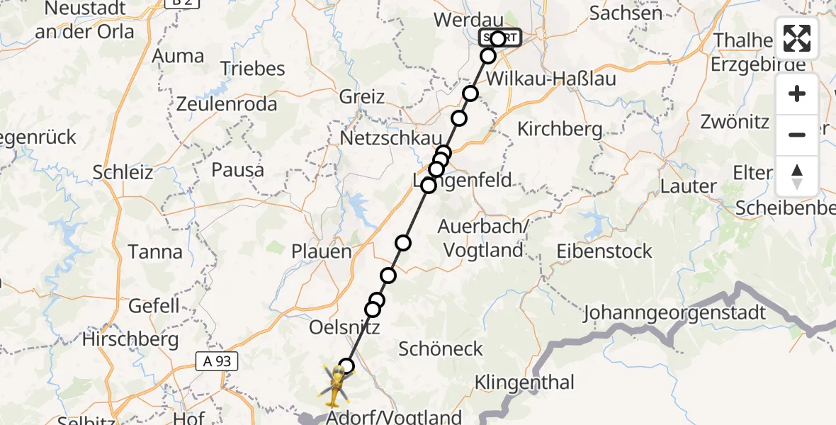 Flugroute Rettungshubschrauber ADAC Air Rescue Station Zwickau Hubschrauberlandeplatz - Eichigt, 12 Juli 2026, 17:56