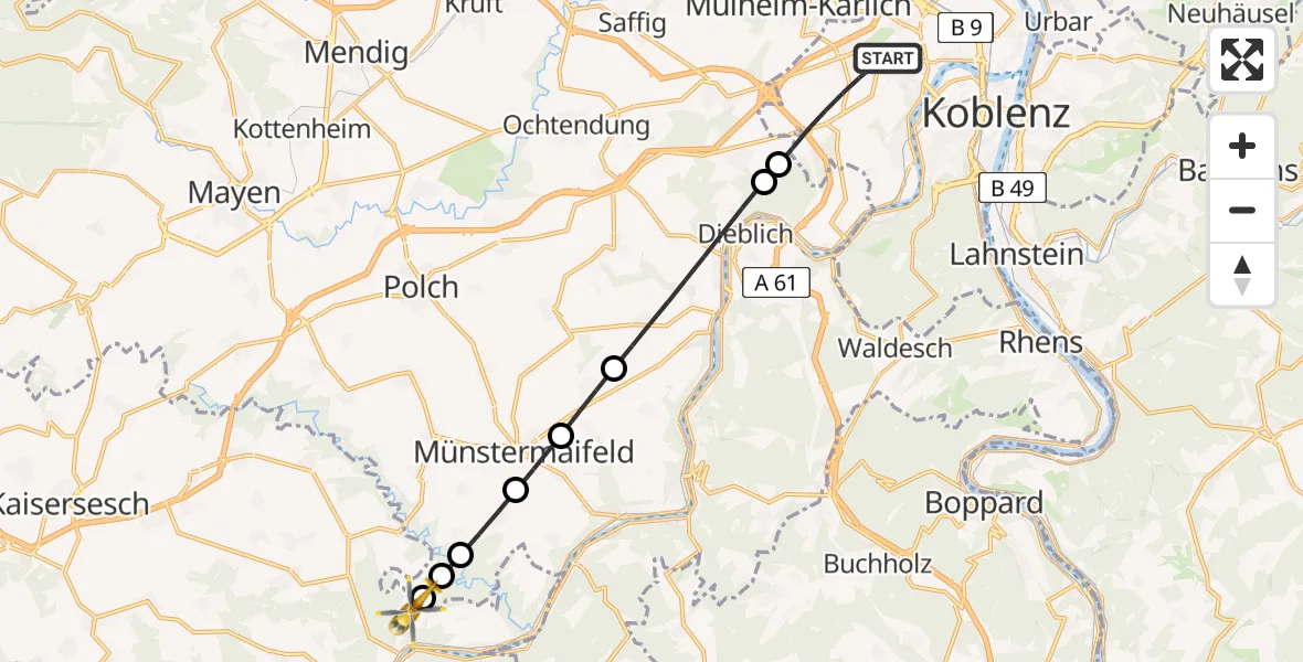 Flugroute Rettungshubschrauber Koblenz - Treis-Karden, 12 Juli 2026, 17:56