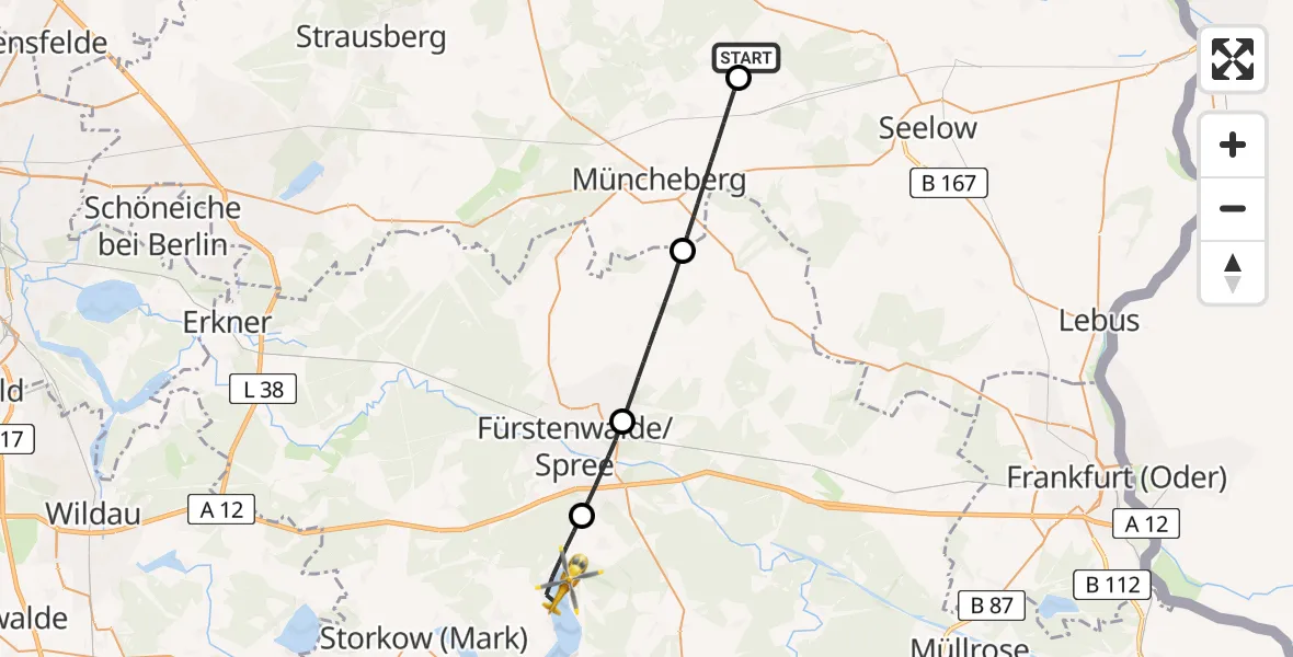 Flugroute Rettungshubschrauber Neuhardenberg - Bad Saarow Hospital Hubschrauberlandeplatz, 12 Juli 2026, 17:56