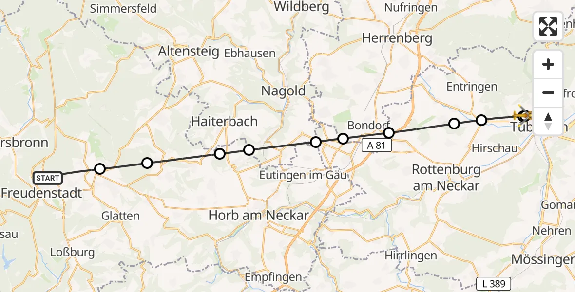 Flugroute Ambulanzhubschrauber Freudenstadt - Tübingen University Hospital, 12 Juli 2026, 17:57