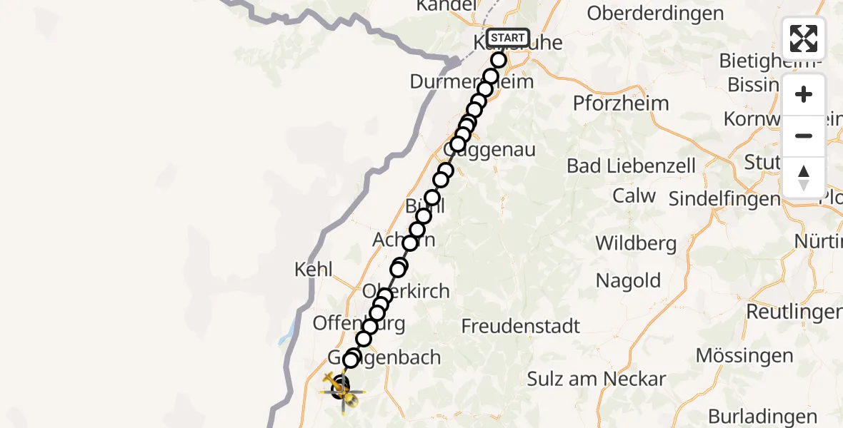 Flugroute Rettungshubschrauber Karlsruhe - Ortenau Hospital Lahr-Ettenheim Hubschrauberlandeplatz, 12 Juli 2026, 18:03