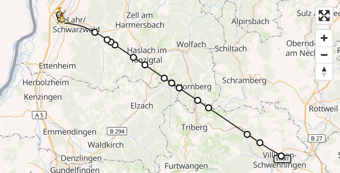 Flugroute Rettungshubschrauber DRF Air Rescue Station Villingen-Schwenningen Hubschrauberlandeplatz (Christoph 11) - Lahr Flughafen, 12 Juli 2026, 18:05