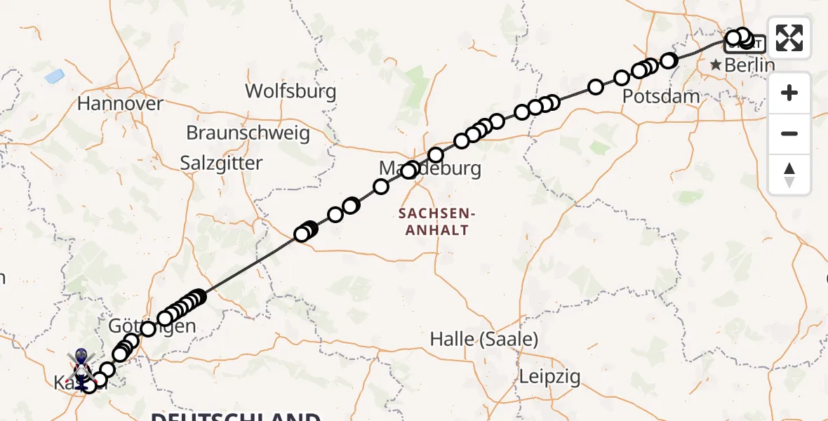 Flugroute Polizeihubschrauber Ahrensfelde Hubschrauberlandeplatz - Fuldatal Bundespolizei Hubschrauberlandeplatz, 12 Juli 2026, 18:05