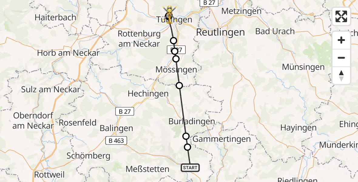 Flugroute Rettungshubschrauber Winterlingen - Tübingen University Hospital, 12 Juli 2026, 18:06