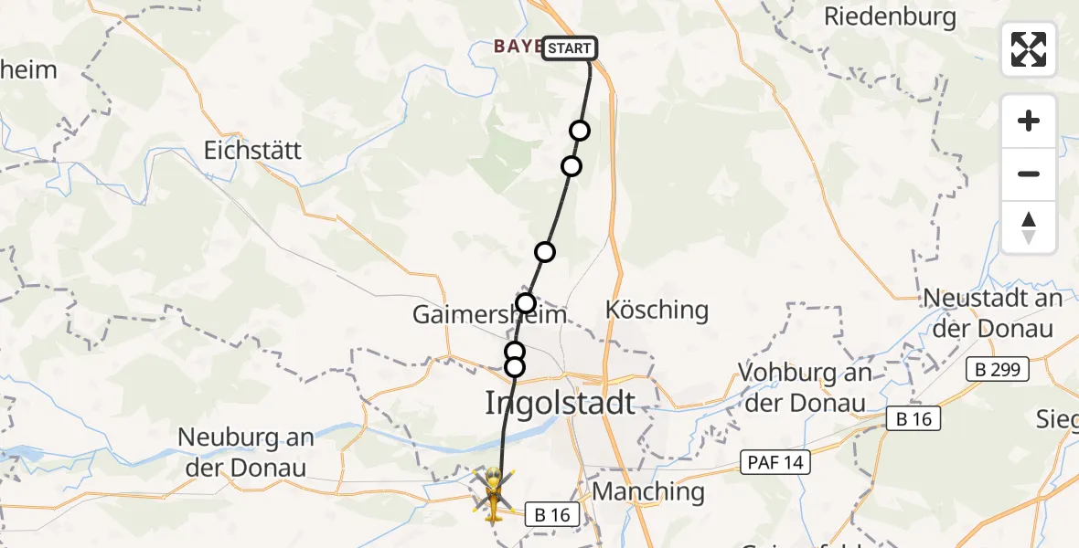 Flugroute Rettungshubschrauber Denkendorf - Ingolstadt, 12 Juli 2026, 18:07