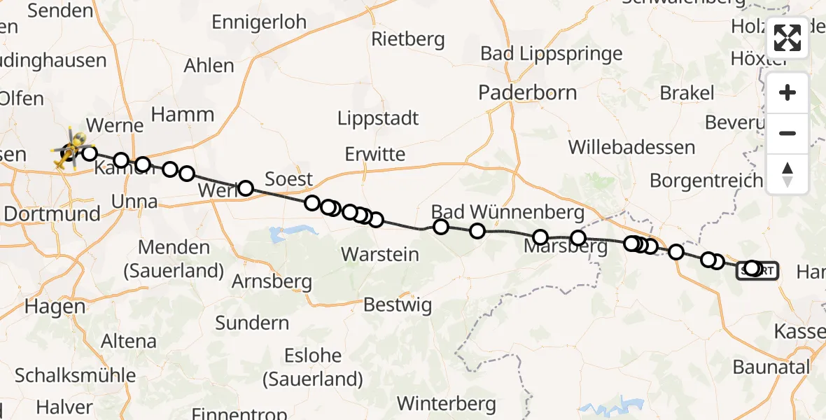 Flugroute Rettungshubschrauber Kassel Flughafen - Sankt Marien Hospital, 12 Juli 2026, 18:08