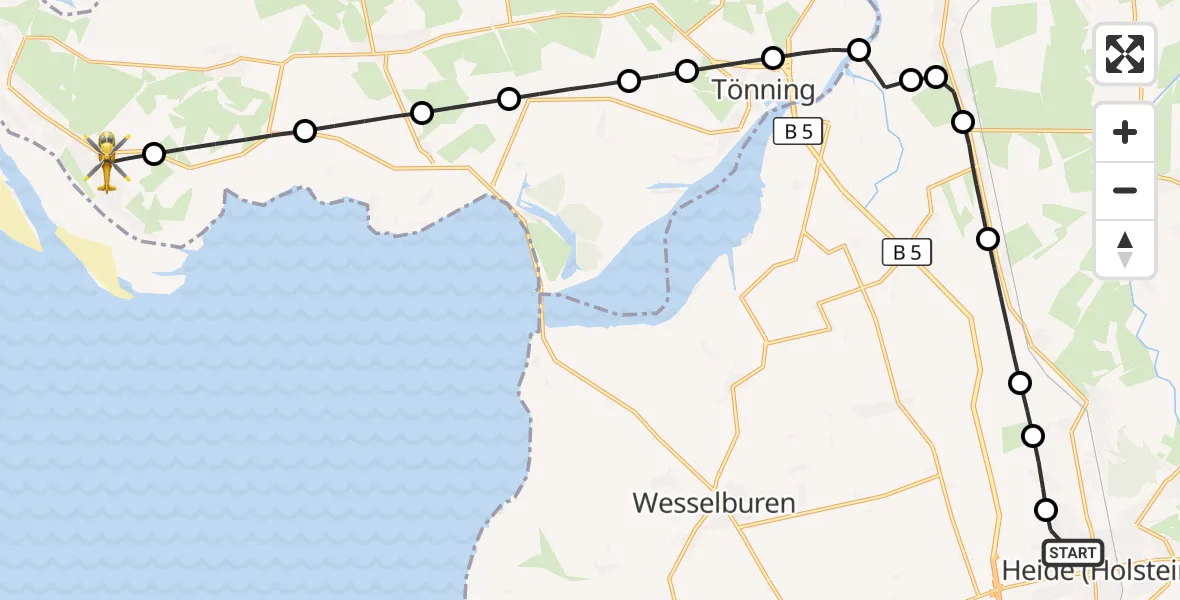 Flugroute Ambulanzhubschrauber Heide - Sankt Peter-Ording, 12 Juli 2026, 18:11