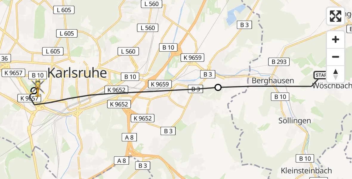 Flugroute Ambulanzhubschrauber Pfinztal - Sankt Vincentius Hospital, 12 Juli 2026, 18:12