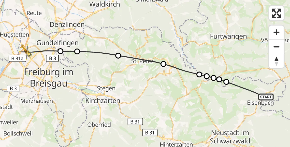 Flugroute Ambulanzhubschrauber Eisenbach (Hochschwarzwald) - Freiburg im Breisgau, 12 Juli 2026, 18:15