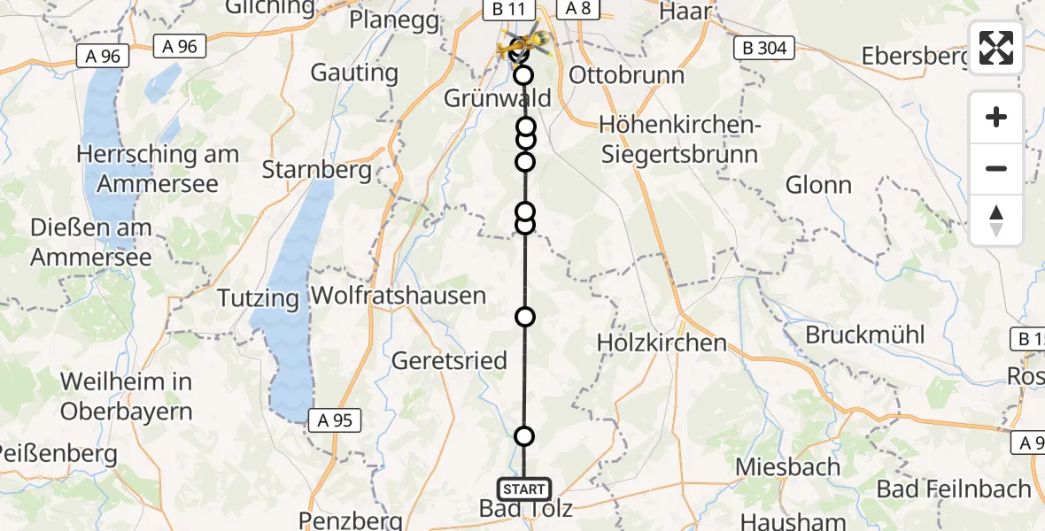 Flugroute Rettungshubschrauber Bad Tölz - ADAC Air Rescue Center Hubschrauberlandeplatz (Christoph 1), 12 Juli 2026, 18:16