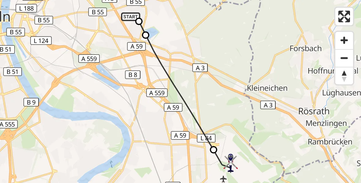 Flugroute Polizeihubschrauber Merheim Hospital - Köln Bonn Flughafen, 12 Juli 2026, 18:18