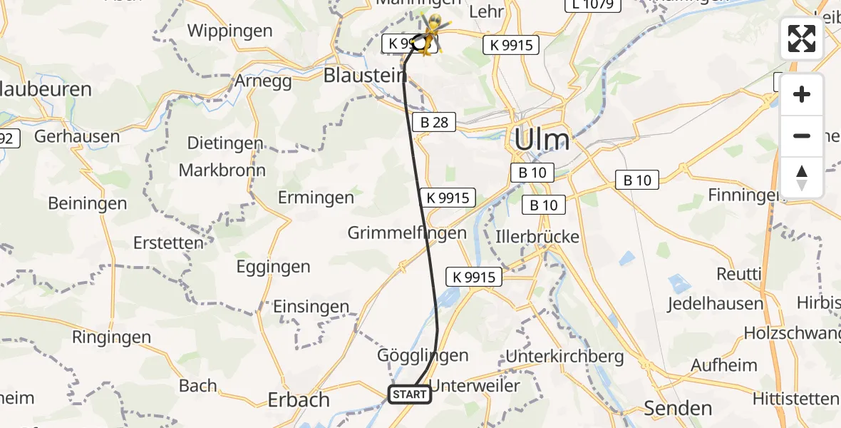 Flugroute Rettungshubschrauber Ulm - Ulm Military Hospital Emergency, 12 Juli 2026, 18:21