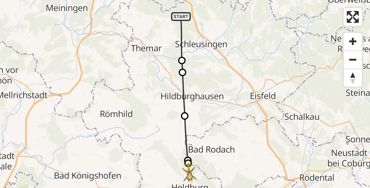 Flugroute Rettungshubschrauber Schleusingen - Heldburg, 12 Juli 2026, 18:24