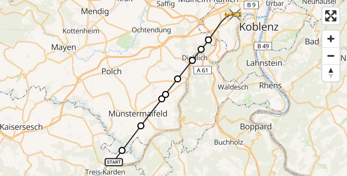 Flugroute Rettungshubschrauber Müden (Mosel) - Koblenz, 12 Juli 2026, 18:25