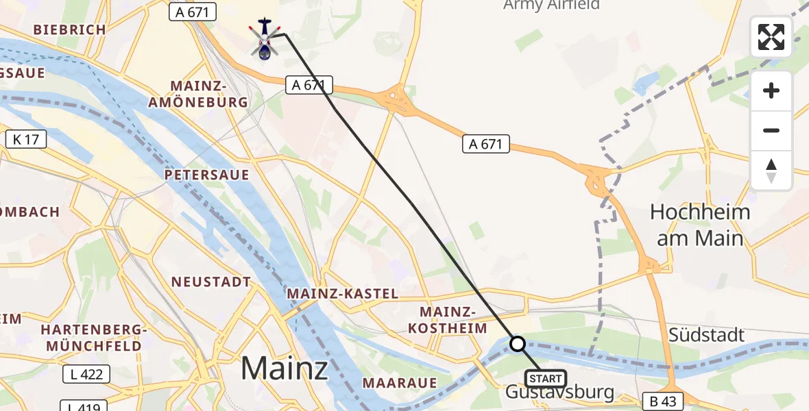 Flugroute Polizeihubschrauber Ginsheim-Gustavsburg - Wiesbaden, 12 Juli 2026, 18:28