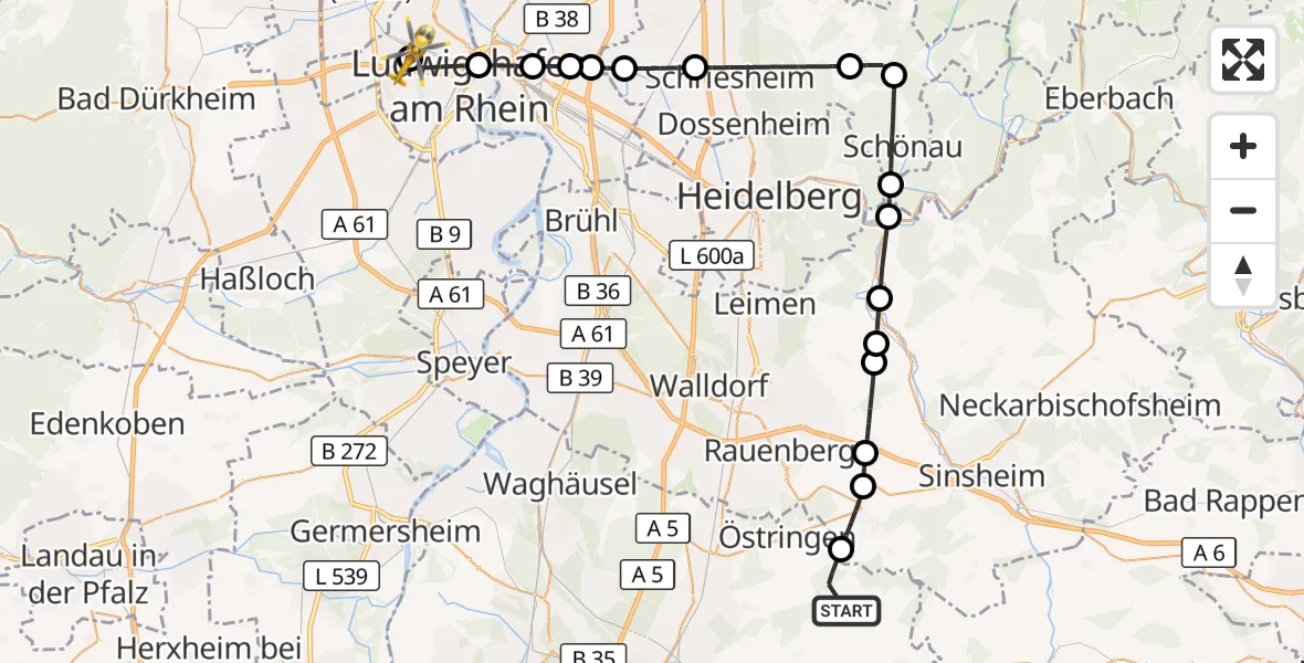 Flugroute Rettungshubschrauber Östringen - Ludwigshafen Accident Hospital, 12 Juli 2026, 18:29