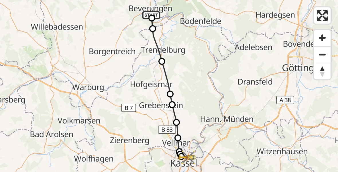 Flugroute Rettungshubschrauber Lauenförde - Kassel, 12 Juli 2026, 18:31