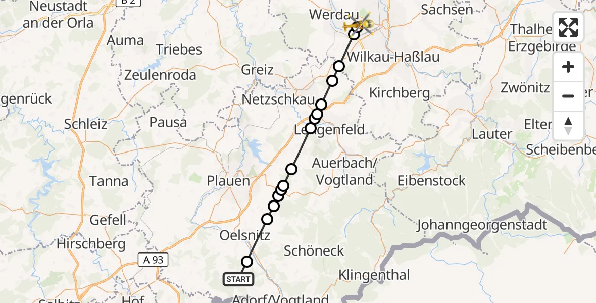 Flugroute Rettungshubschrauber Eichigt - ADAC Air Rescue Station Zwickau Hubschrauberlandeplatz, 12 Juli 2026, 18:36