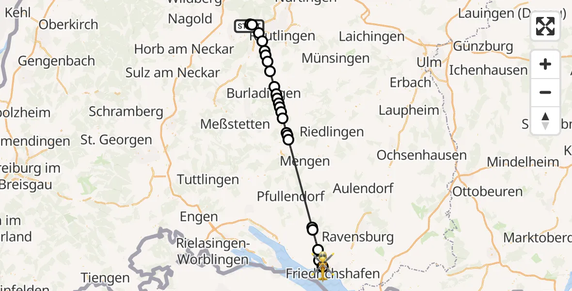 Flugroute Rettungshubschrauber Tübingen University Hospital - Friedrichshafen Hospital, 12 Juli 2026, 18:44