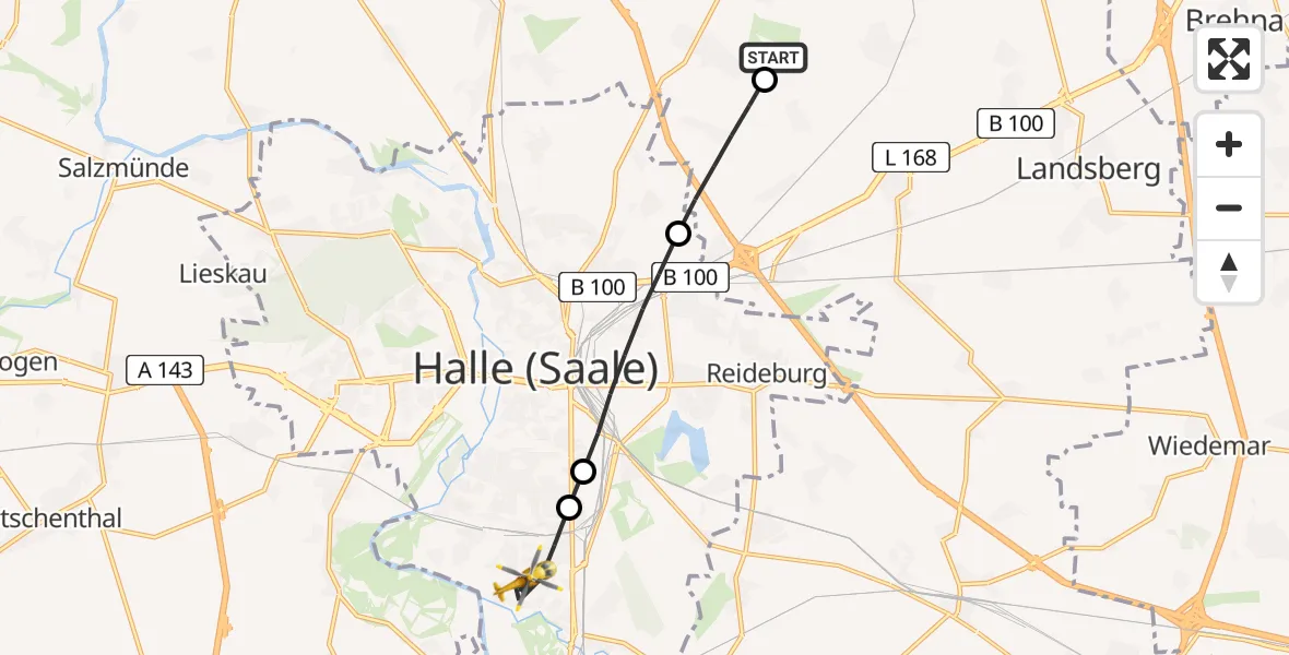 Flugroute Rettungshubschrauber Halle-Oppin Flugplatz - Halle (Saale), 12 Juli 2026, 18:45