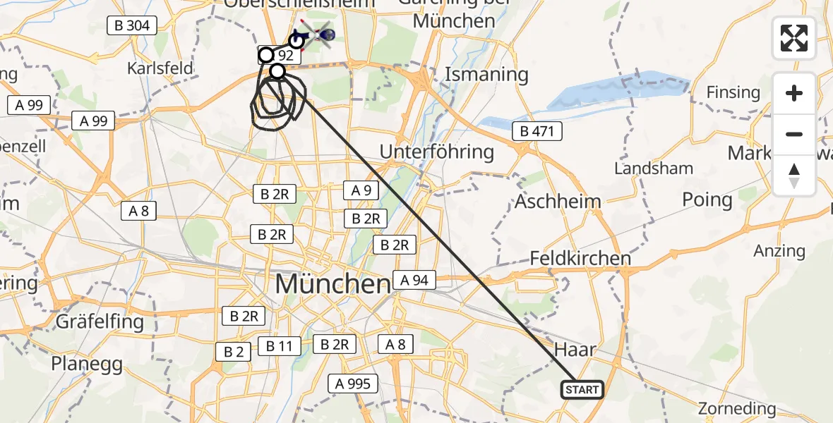 Flugroute Polizeihubschrauber Grasbrunn - Schleissheim Flugplatz, 12 Juli 2026, 18:49
