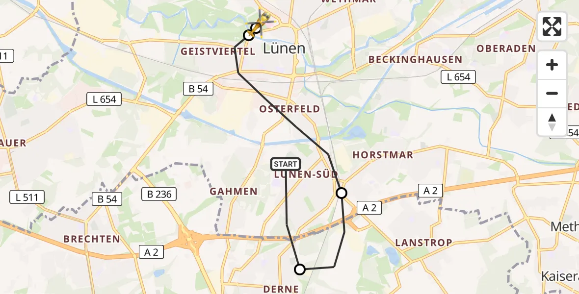 Flugroute Rettungshubschrauber Lünen - Sankt Marien Hospital, 12 Juli 2026, 18:56