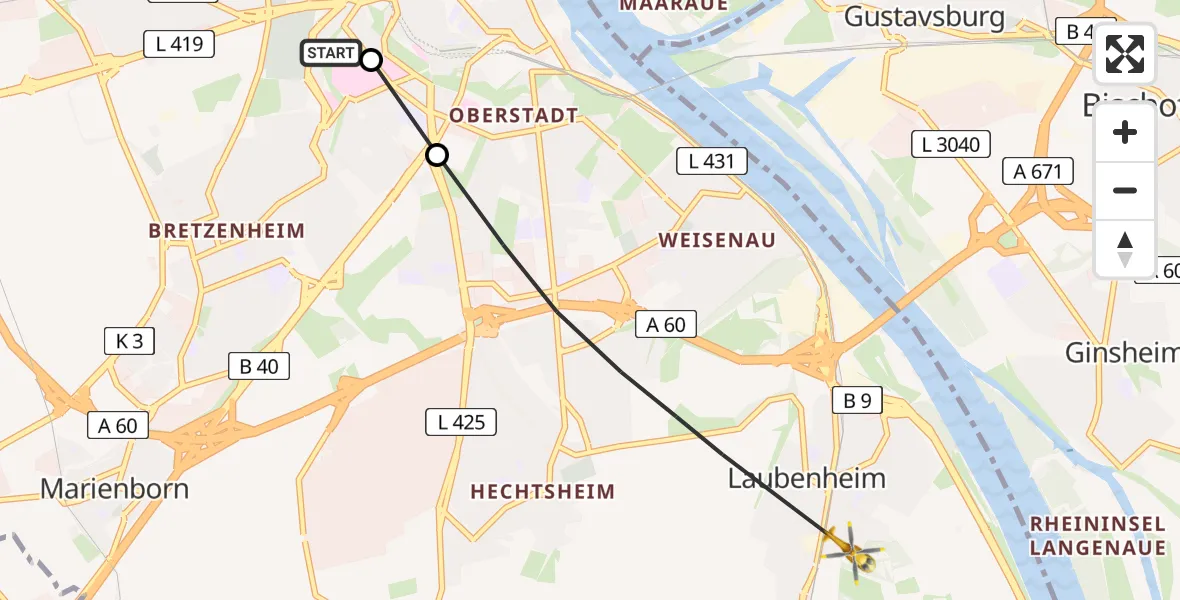Flugroute Rettungshubschrauber Mainz University Hospital - Mainz, 12 Juli 2026, 18:57