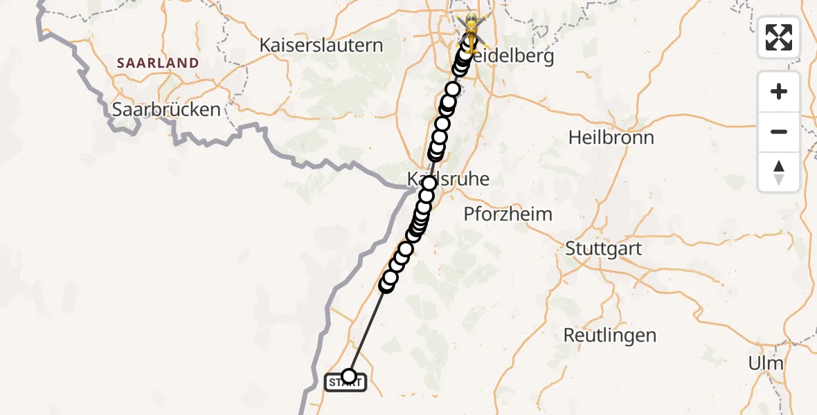 Flugroute Rettungshubschrauber Lahr/Schwarzwald - Mannheim-City Flughafen, 12 Juli 2026, 18:57
