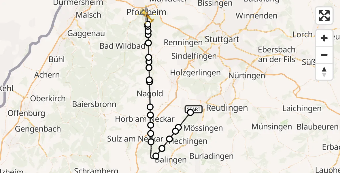 Flugroute Ambulanzhubschrauber Tübingen - Pforzheim, 12 Juli 2026, 19:09