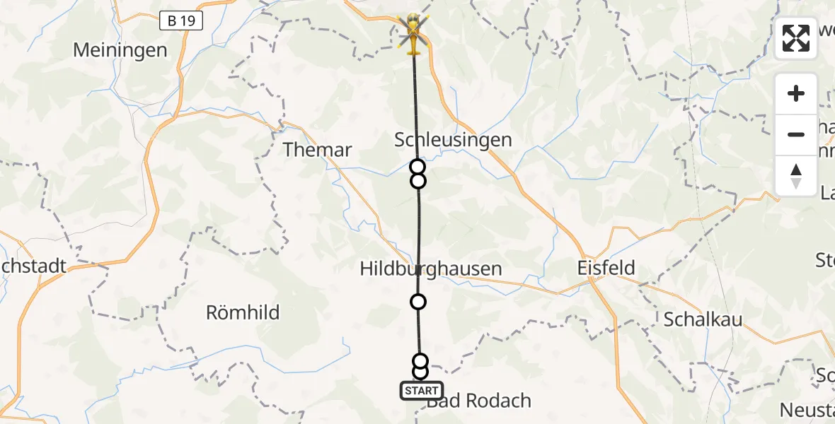 Flugroute Rettungshubschrauber Straufhain - Schleusingen, 12 Juli 2026, 19:09