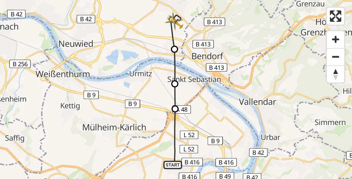 Flugroute Rettungshubschrauber Koblenz - Neuwied, 12 Juli 2026, 19:20