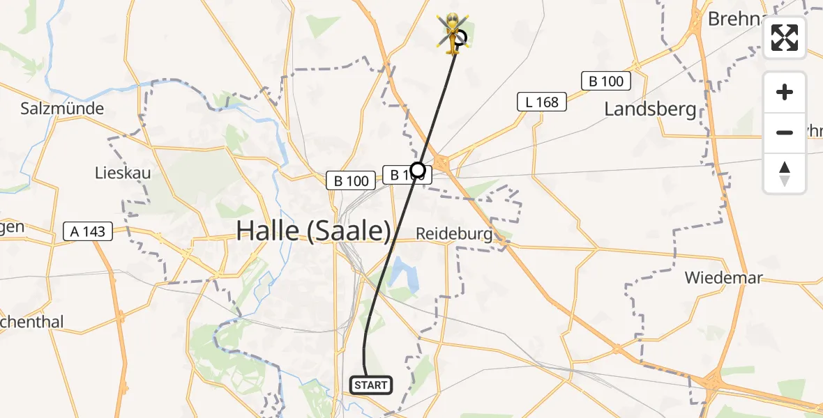 Flugroute Rettungshubschrauber Halle (Saale) - Halle-Oppin Flugplatz, 12 Juli 2026, 19:21