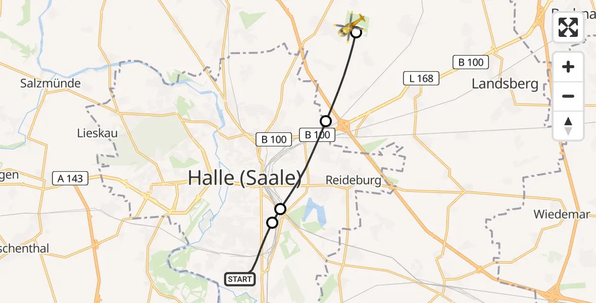 Flugroute Rettungshubschrauber Halle (Saale) - Halle-Oppin Flugplatz, 12 Juli 2026, 19:22
