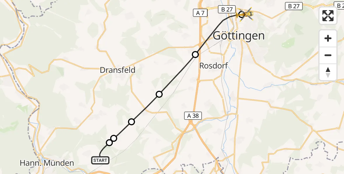Flugroute Rettungshubschrauber Hann.Münden - Göttingen University Clinic Hubschrauberlandeplatz, 12 Juli 2026, 19:23