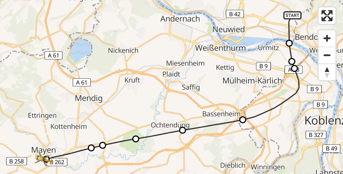 Flugroute Rettungshubschrauber Neuwied - Mittlerhein Gemeinschaftskrankenhaus Sankt Elisabeth Mayen Hubschrauberlandeplatz, 12 Juli 2026, 19:26
