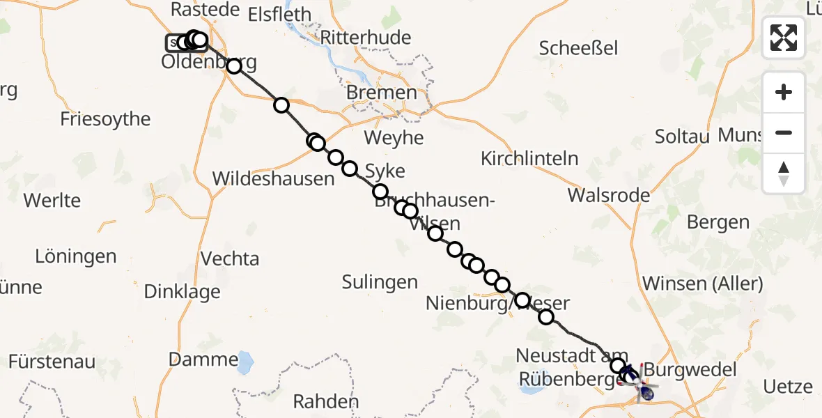 Flugroute Polizeihubschrauber Wiefelstede - Flughafen Hannover, 12 Juli 2026, 19:26
