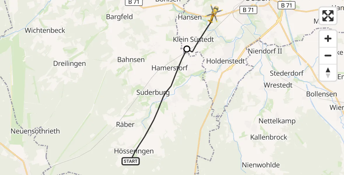 Flugroute Rettungshubschrauber Suderburg - Uelzen, 12 Juli 2026, 19:31