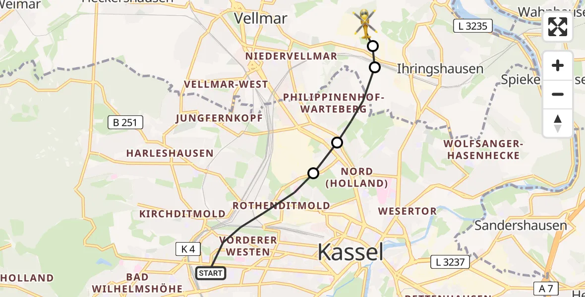 Flugroute Rettungshubschrauber Kassel - Fuldatal Bundespolizei Hubschrauberlandeplatz, 12 Juli 2026, 19:36