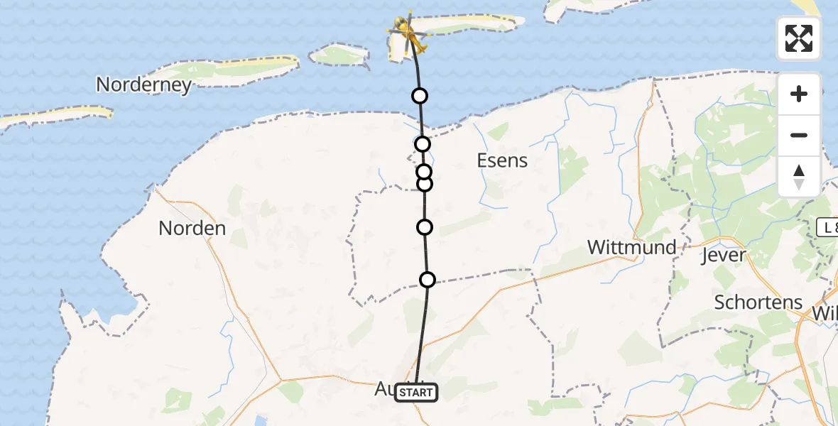 Flugroute Rettungshubschrauber Aurich - Langeoog Flughafen, 12 Juli 2026, 19:36