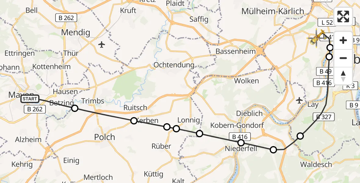 Flugroute Rettungshubschrauber Mayen - Koblenz, 12 Juli 2026, 19:58