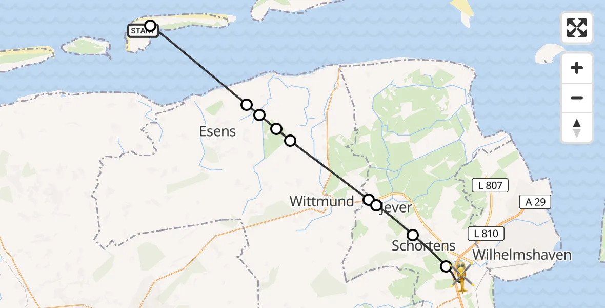 Flugroute Rettungshubschrauber Langeoog Flughafen - Sande, 12 Juli 2026, 20:02