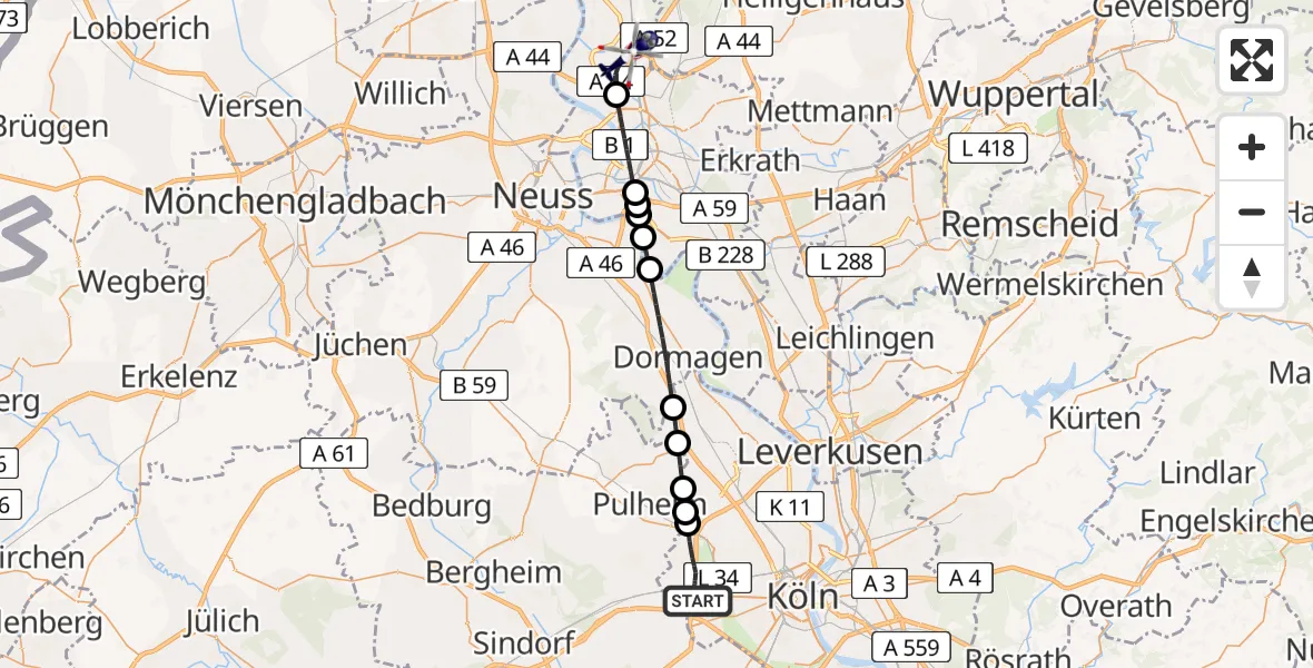 Flugroute Polizeihubschrauber Köln - Düsseldorf Flughafen, 12 Juli 2026, 20:03