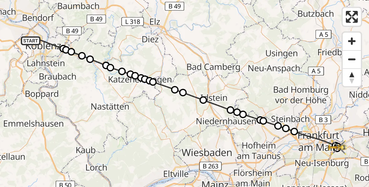 Flugroute Rettungshubschrauber Koblenz - Sana Hospital Offenbach, 12 Juli 2026, 20:13