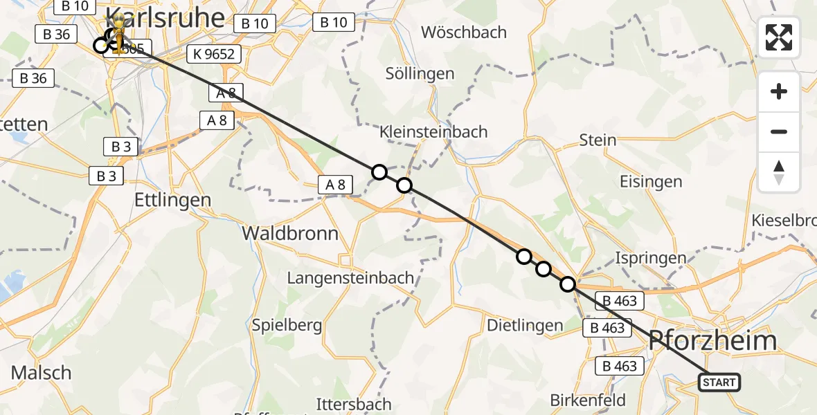 Flugroute Ambulanzhubschrauber Pforzheim - Sankt Vincentius Hospital, 12 Juli 2026, 20:15
