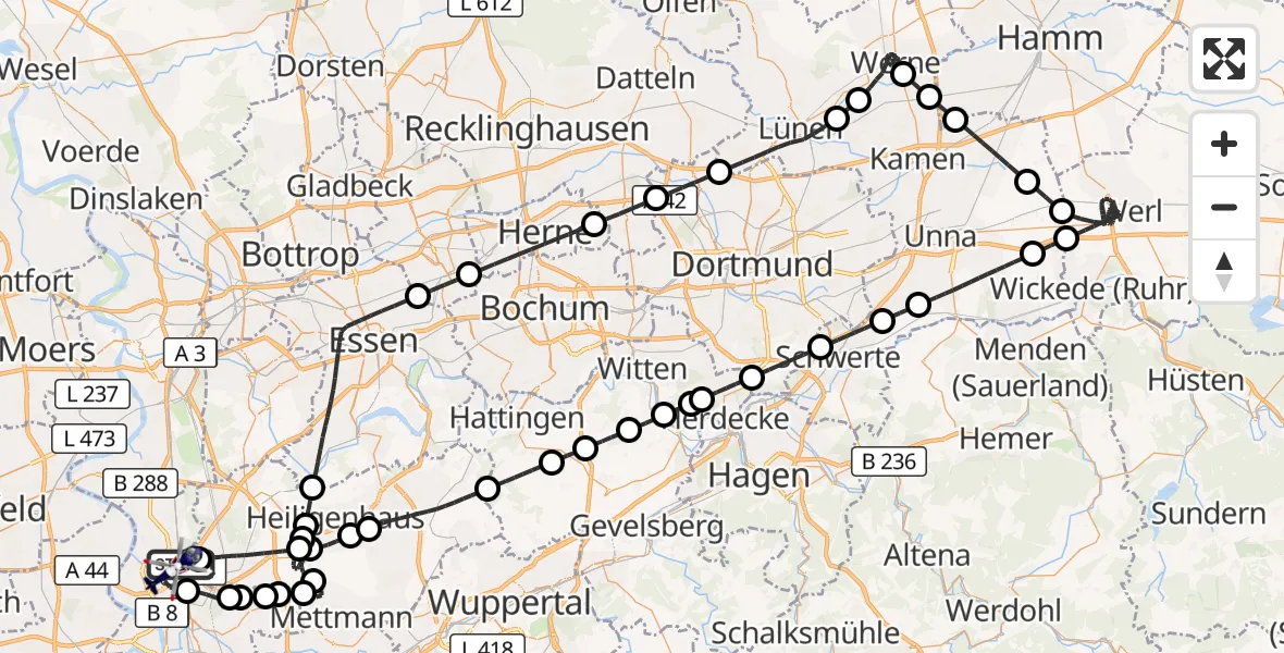 Flugroute Polizeihubschrauber Düsseldorf Flughafen - Düsseldorf Flughafen, 12 Juli 2026, 20:46