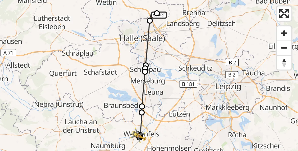 Flugroute Rettungshubschrauber Halle-Oppin Flugplatz - Asklepios Clinic Weißenfels, 12 Juli 2026, 20:51