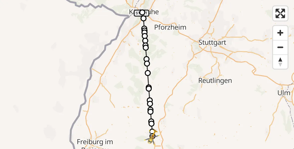 Flugroute Ambulanzhubschrauber Sankt Vincentius Hospital - DRF Air Rescue Station Villingen-Schwenningen Hubschrauberlandeplatz (Christoph 11), 12 Juli 2026, 20:52