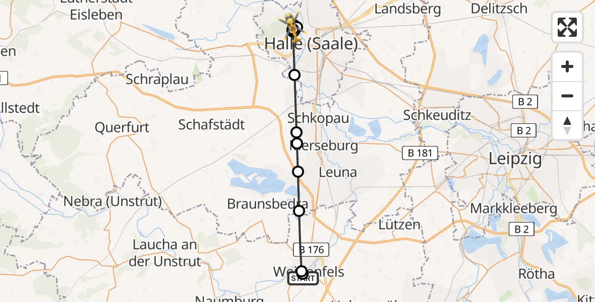 Flugroute Rettungshubschrauber Asklepios Clinic Weißenfels - Halle (Saale) University Hospital, 12 Juli 2026, 21:27
